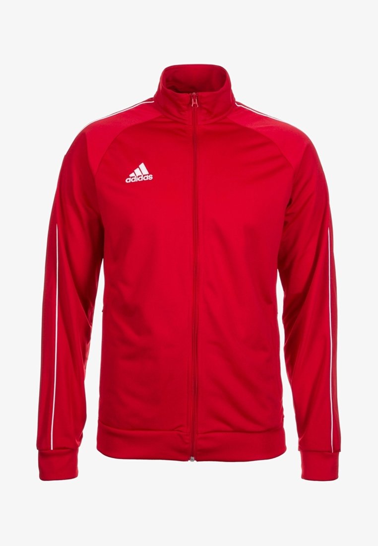 Chaqueta de chándal roja con cremallera hecha de material sintético suave. Presenta detalles en blanco, cuello alto y puños acanalados. Logotipo de Adidas en el pecho.