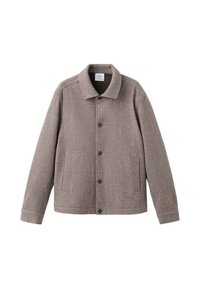 Chaqueta mezclada de lana marrón con cierre de botones en el frente, cuello abatible y bolsillos laterales, con un acabado de tela texturizada.