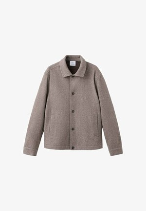 Smeđa jakna od mješavine vune s gumbima sprijeda, preklopnim ovratnikom i bočnim džepovima, izrađena od tkanine s teksturiranim završetkom.