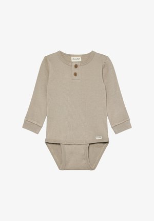 Body beige a coste con maniche lunghe, con tre bottoni marroni sul collo, chiusure a scatto sul fondo e tessuto morbido.