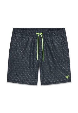 Mustat uimashortsit, joissa on hillityt kuvioidut logot, neonvihreä kiristysnauha ja pieni neonvihreä kolmionmuotoinen valmistajan logo etuosan alareunassa oikealla.