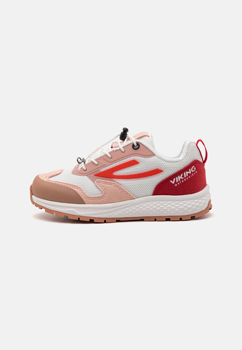 Sport sneaker featuring a white mesh upper with pink and red accents, a textured rubber sole, and elastic laces with a toggle system.