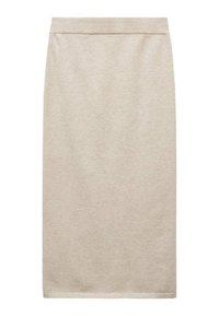Jupe beige jusqu'aux genoux en tissu tricoté doux. Comprend une ceinture extensible et une texture lisse sans motifs ni accents visibles.