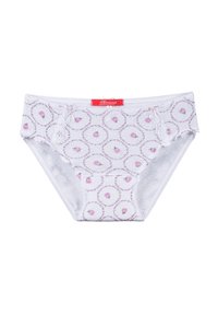 Weiße Spitzenunterwäsche mit rosa Blumenstickerei in kreisförmigen Mustern, einem roten Etikett am Bund und einer feinen Netzstruktur.