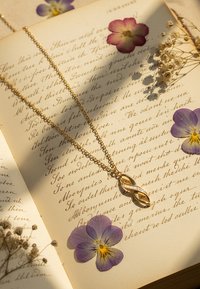Collana d'oro con un pendente intrecciato caratterizzato da un design curvo e piccoli cristalli incastonati, posizionata su un libro vintage con fiori.