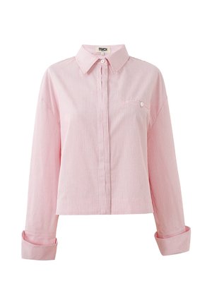 Gekürzte Bluse mit Kragen, aus leichtem pink-weiß gestreiftem Stoff. Verfügt über lange Ärmel und eine Brusttasche mit Knopfdetails.