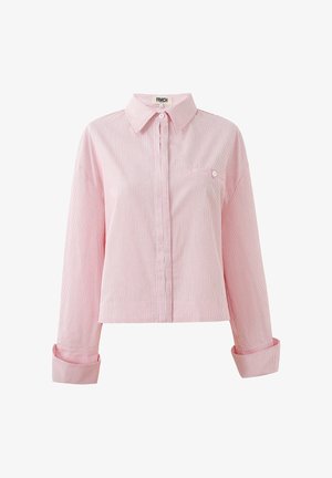 Gekürzte Bluse mit Kragen, aus leichtem pink-weiß gestreiftem Stoff. Verfügt über lange Ärmel und eine Brusttasche mit Knopfdetails.
