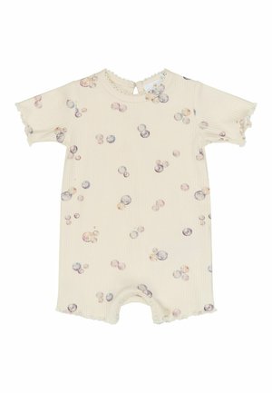 Crèmekleurige geribde baby romper met korte mouwen en een meerkleurig bubbelpatroon, met drukknoopsluiting bij het kruis en knooplus aan de hals.
