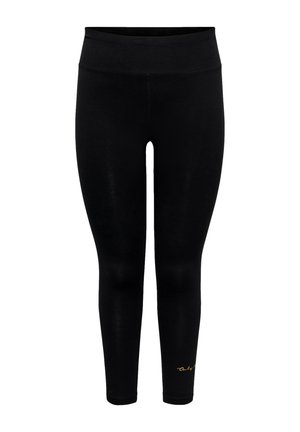 Schwarze Leggings mit hoher Taille in voller Länge, schlanker Passform und kleinem goldfarbenem Script-Logo nahe dem linken Knöchel.
