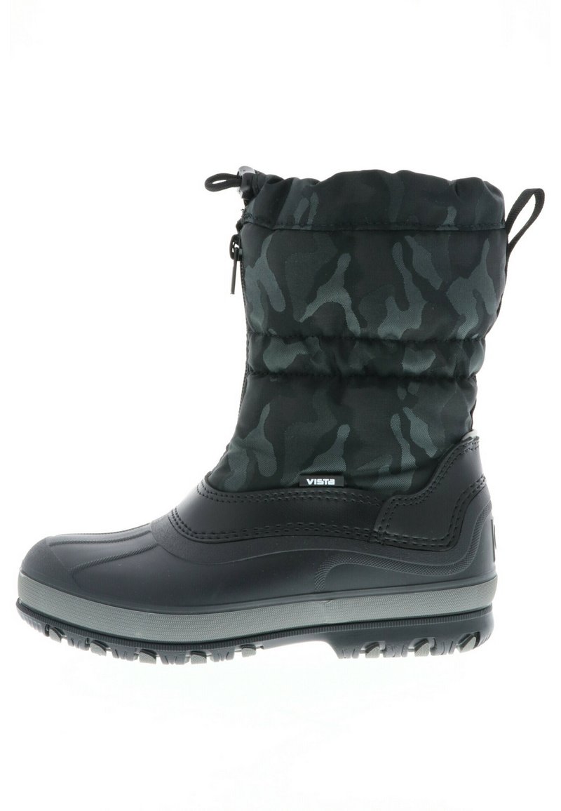 Rubberen winterlaarzen met een zwart en donkergrijs camouflage nylon schacht, met een geplooide bovenkant, trekkoord en een getextureerde zool.