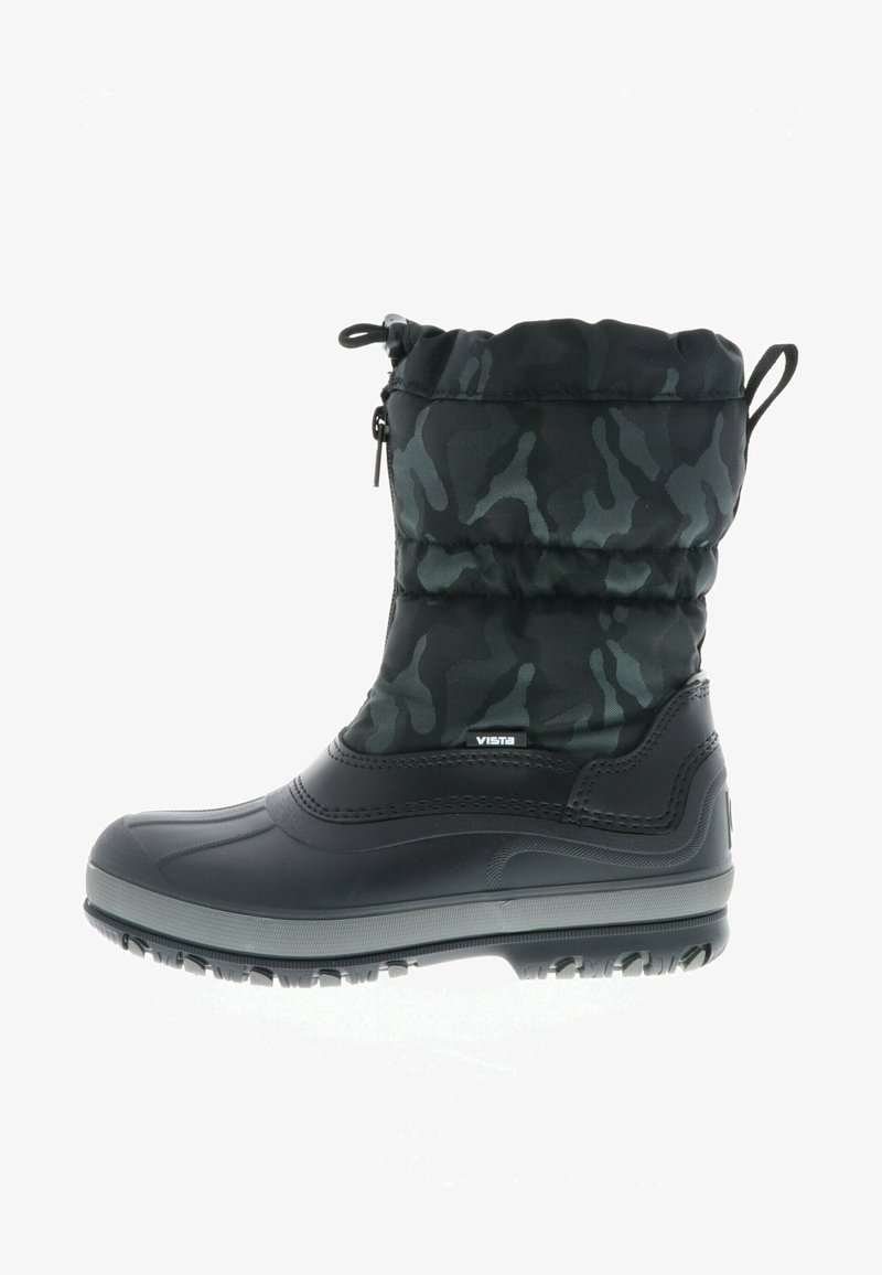 Rubberen winterlaarzen met een zwart en donkergrijs camouflage nylon schacht, met een geplooide bovenkant, trekkoord en een getextureerde zool.