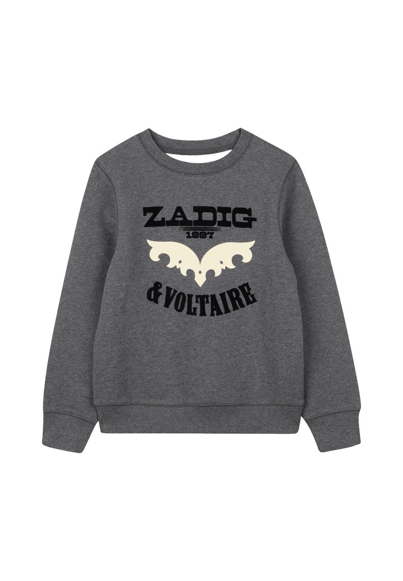 Grijze sweatshirt van een katoenmix, met de tekst "ZADIG 1997 & VOLTAIRE" in zwart en crème, inclusief een decoratieve vleugelafbeelding.