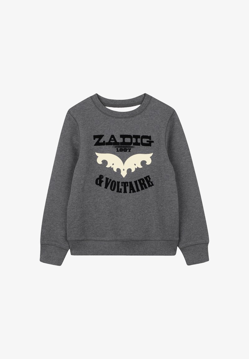Grijze sweatshirt van een katoenmix, met de tekst "ZADIG 1997 & VOLTAIRE" in zwart en crème, inclusief een decoratieve vleugelafbeelding.