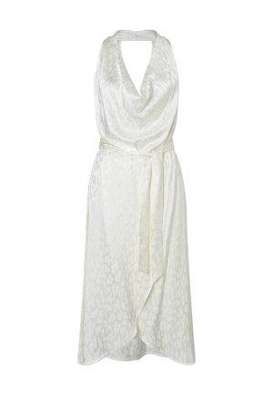 Robe midi sans manches couleur crème avec encolure drapée, imprimé léopard subtil, jupe portefeuille et ceinture assortie en tissu nouée à la taille.