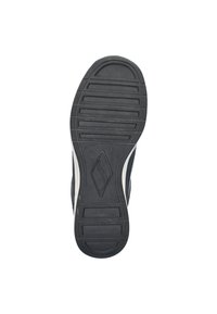 Suola di scarpa in gomma nera con scanalature testurizzate, caratterizzata da un motivo a diamante centrale e bordi stratificati. Accenti bianchi lungo i lati.