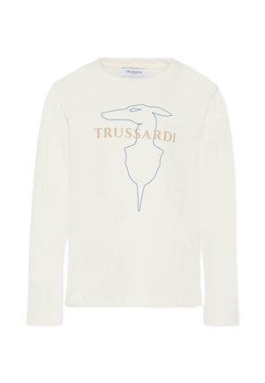T-shirt a maniche lunghe bianco con una silhouette di cane in outline blu e la scritta "TRUSSARDI" in texto beige sotto il grafico. Tessuto morbido.