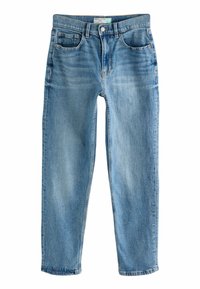 Jean en denim bleu clair avec une coupe droite, cinq poches, un léger délavage et une fermeture à bouton à la taille. Bas propre.