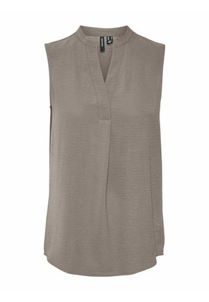 Beirakio be rankovėmis lengvos taupe spalvos medžiagos, su V formos iškirpte, subtilia tekstūra ir šiek tiek lenktu hemu, suteikiančiu laisvą siluetą.