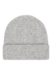 Grijze wollen beanie met een geribbelde textuur en een omgeslagen rand, met een zachte aanraking en een nauwsluitende pasvorm. Ideaal voor warmte en comfort.