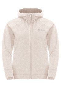 Lichtbeige zip-up hoodie van zacht materiaal, met een aansluitend ontwerp, lange mouwen en een capuchon met trekkoord. Logo op de borst.