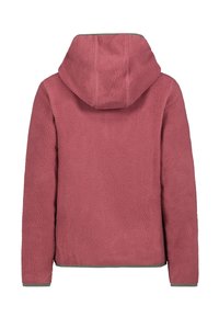 Bageste udsigt af en pink fleecejakke med lange ærmer, hætte og gråt kantbånd ved manchetterne og kanten.