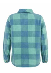 Veste à manches longues avec un motif à carreaux bleu et sarcelle, poignets à boutons et col plat, vue de dos.