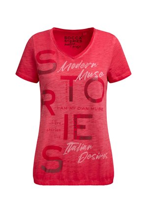 Soccx, SOCCX T-SHIRT  V-NECK MIT FOLIENPRINT UND ELASTIKSAUM - T-Shirt print - red orange