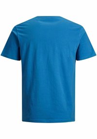 T-shirt cotone blue con collo girocollo, maniche corte e una texture liscia e uniforme. Nessuna grafica o accento visibile sulla parte posteriore.