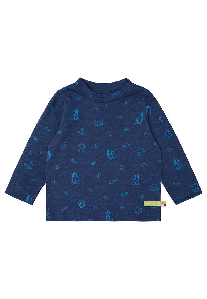 Marineblaues Langarmshirt mit hellblauen, naturinspirierten Prints, runder Ausschnitt und kleinem Etikett unten rechts.