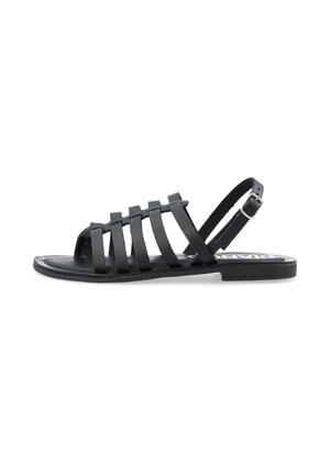 Svarta sandaler har en öppen tådesign med flera platta remmar och en justerbar ankelrem. Tillverkade av slätt syntetiskt material.