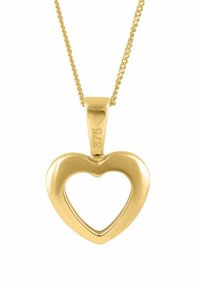 Auksinė pakabuko grandinėlė su tuščiaviduriu širdies dizainu, blizgiu paviršiumi ir grandine, kurioje yra faktūruota grandelių raštas.