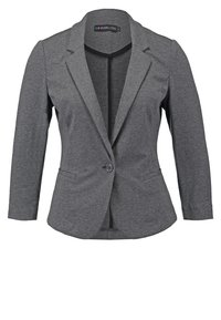 Blazer gris pour femme à un bouton avec revers crantés et deux poches passepoilées à l'avant, coupe cintrée et manches longues.