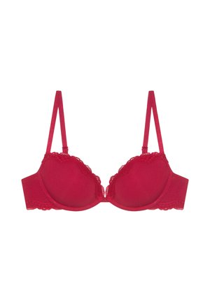 Soutien-gorge rembourré rouge avec bordure en dentelle et bretelles ajustables, conçu pour le soutien et le détail décoratif.