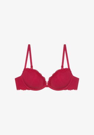Rode gewatteerde beha met kantafwerking en verstelbare schouderbandjes, ontworpen voor ondersteuning en decoratieve details.
