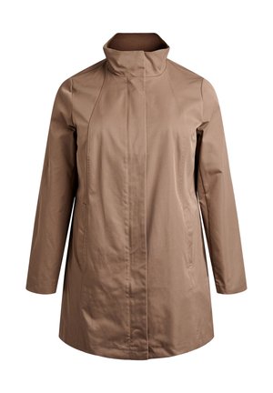 Beige letvægts trenchcoat med høj krave, lange ærmer og lodrette syninger. Har to sidelommer og en glat tekstur.