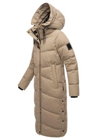 Beige padded long coat with a large hood, black accents, front zipper, snap buttons, and two side pockets. Features a quilted texture.