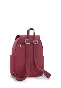 Bordeaux ryggsäck med rektangulär form, tygmaterial, två axelremmar, ett handtag på toppen, sidofickor och silverfärgade detaljer.