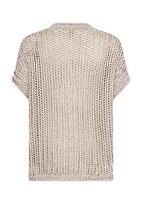 Beige knitted top with loose, open weave; short sleeves and round neckline. Soft texture, relaxed fit, and seamless hem.