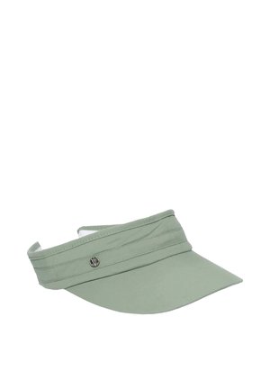 Light green fabric sun visor with a curved brim and a small round metallic logo on the band.