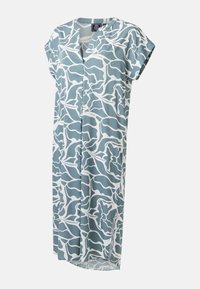Robe ample à manches courtes avec motif floral abstrait bleu et blanc et col en V sur fond uni.