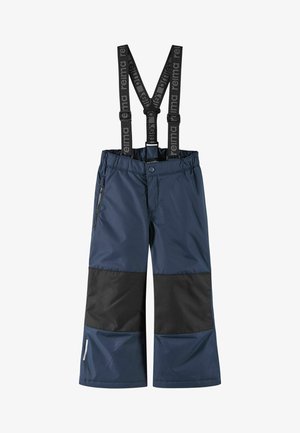 Navyblaue wasserdichte Schneehosen mit verstellbaren schwarzen Trägern, ausgestattet mit schwarzen Kniefeldern und seitlichen Zip-Taschen.