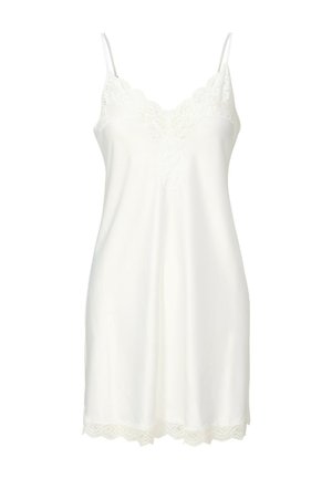 Weißes Satinkleid mit spitzenbesetztem Ausschnitt und Saum, ausgestattet mit dünnen Spaghettiträgern.