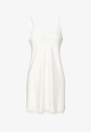 Weißes Satinkleid mit spitzenbesetztem Ausschnitt und Saum, ausgestattet mit dünnen Spaghettiträgern.