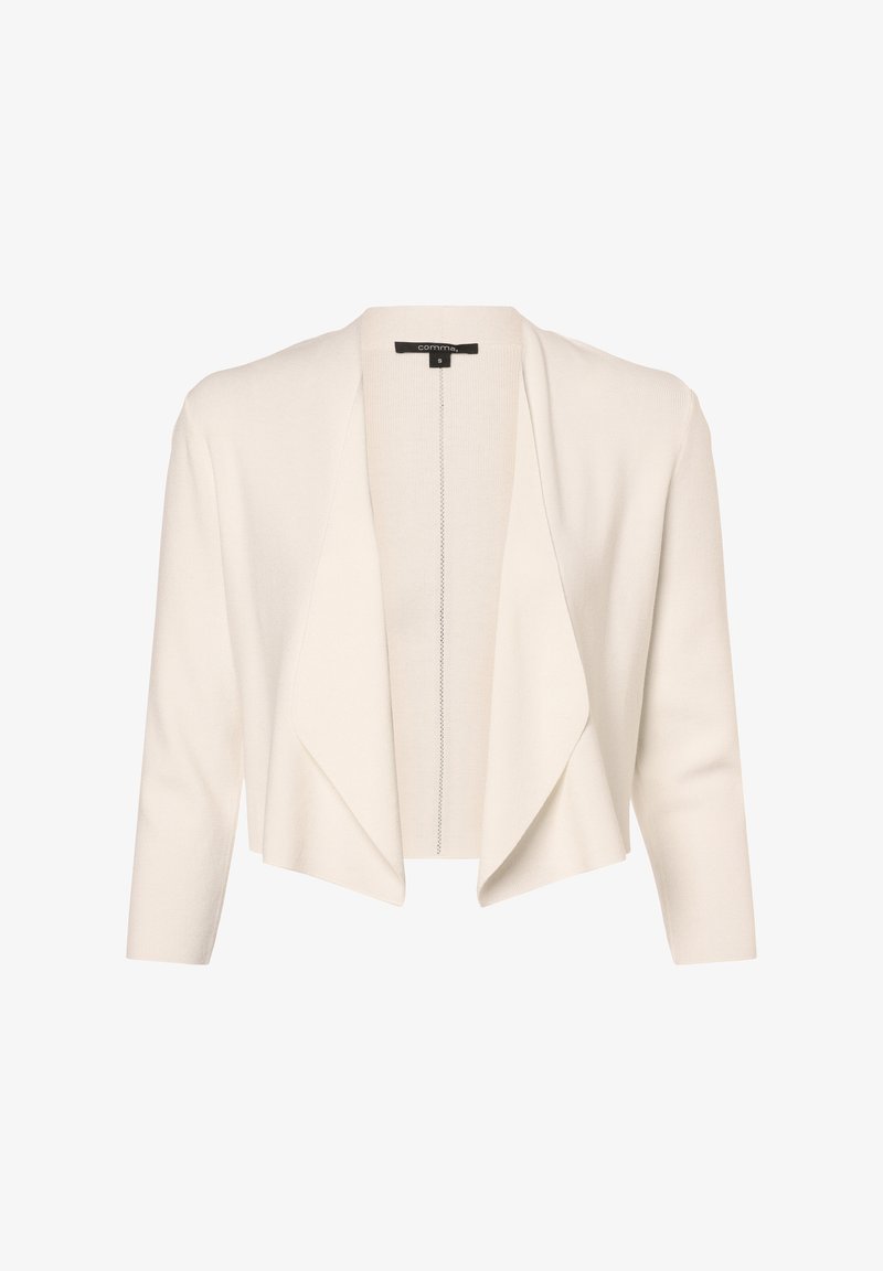 Witte open voorkant cardigan gemaakt van een zachte stof. Heeft lange mouwen, een asymmetrische zoom en een subtiele textuurontwerp.