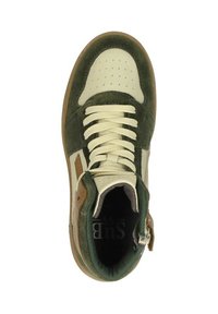 Groene en beige hoge sneaker met geperforeerde neus, crèmekleurige veters, bruine accenten en textuurmaterialen. Bedrukte logo aan de binnenkant.