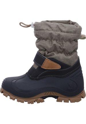 Botte d'hiver avec semelle en caoutchouc marron, partie inférieure noire, dessus en tissu gris avec cordon de serrage en haut et sangle ajustable autour de la cheville.