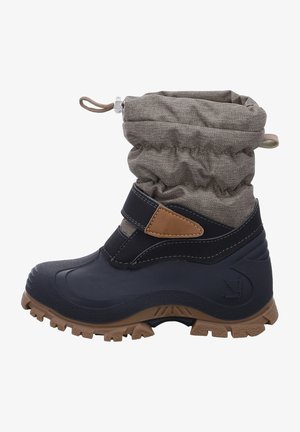 Botte d'hiver avec semelle en caoutchouc marron, partie inférieure noire, dessus en tissu gris avec cordon de serrage en haut et sangle ajustable autour de la cheville.
