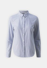 Blue and white striped long-sleeve shirt, featuring a button-down collar and front placket with buttons, made of fabric with a smooth texture.