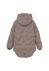 Pūkinis švarkas šviesiai mauve spalvos, su gobtuvu, pasižymintis įstrižo siuvimo raštu, elastingomis rankovėmis ir logotipo detale galiniame apvarde.