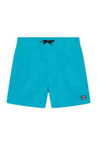 Bright turquoise swim shorts with an elastic waistband, black drawstring, side pockets, and a small black and white logo patch on the leg.